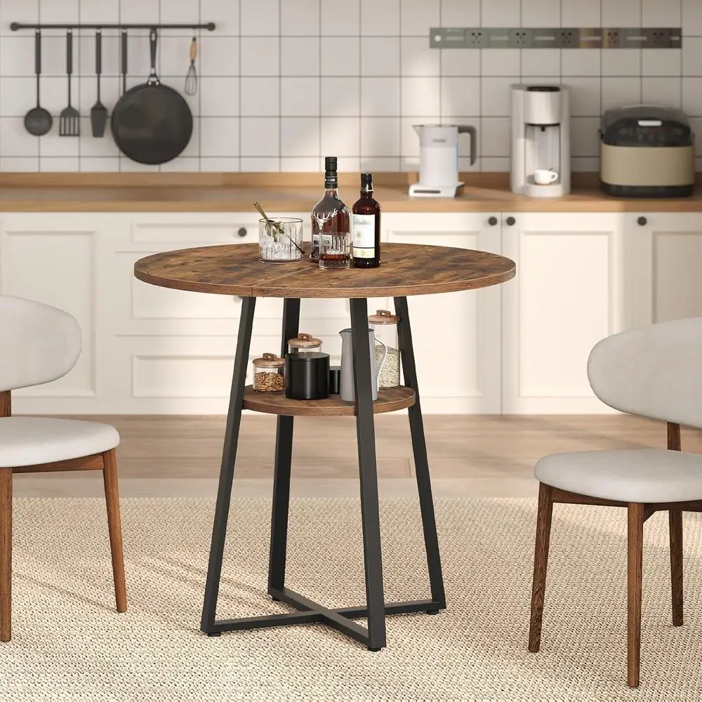 Rustic Farmhouse Dining Table, Round with Storage Shelf, for 2-4 People, Space-Saving Design, Suitable for Kitchen, Dining, Livi