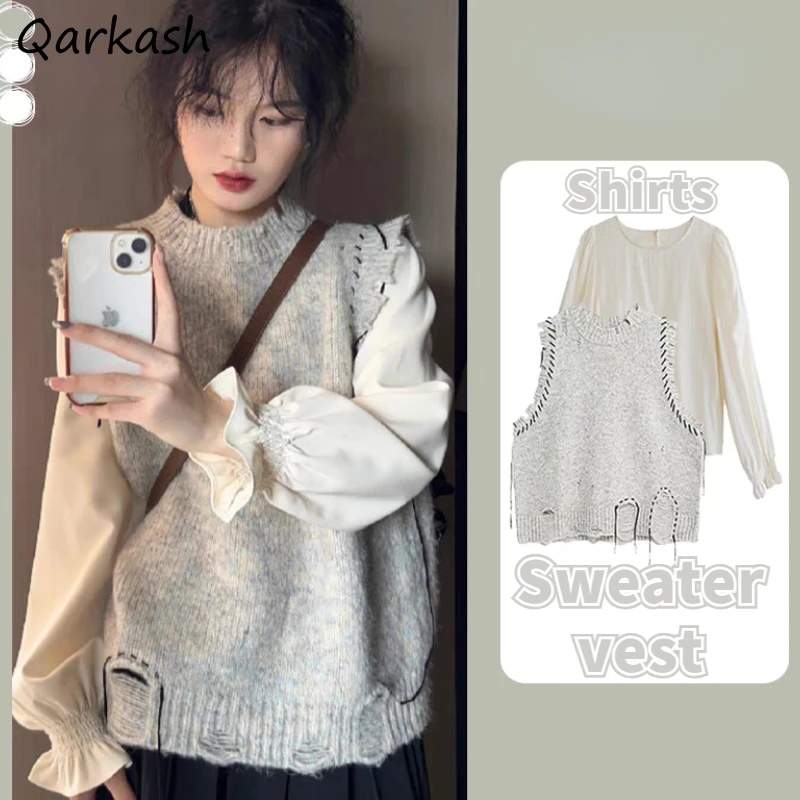 2 Pcs Sets Women Flare Sleeve Blouses Irregular Vintage Sweater Vest Aesthetic Autumn Casual Clothing Solid Kawaii Girl Ulzzang