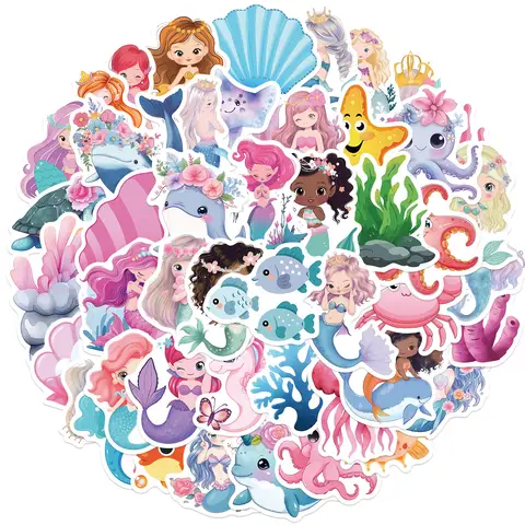 50PCS Sea Animal Mermaid Aesthetic Stickers Graffiti Decals Scrapbooking Laptop Phone Cartoon Sticker for Kids Girls