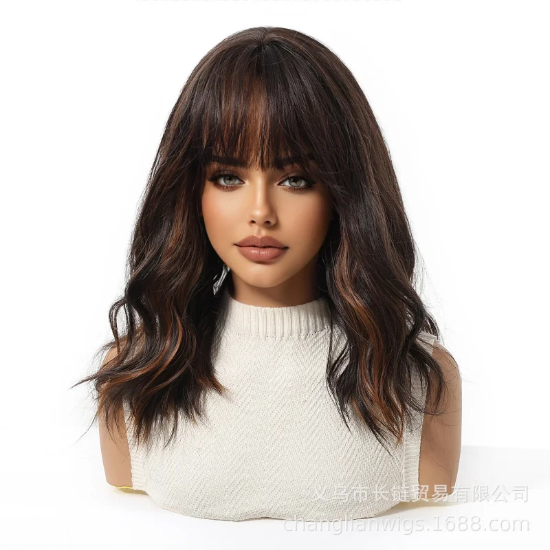 

European and American style wig with highlights, brown collarbone-length short curly hair, bob style with straight bangs, high-t