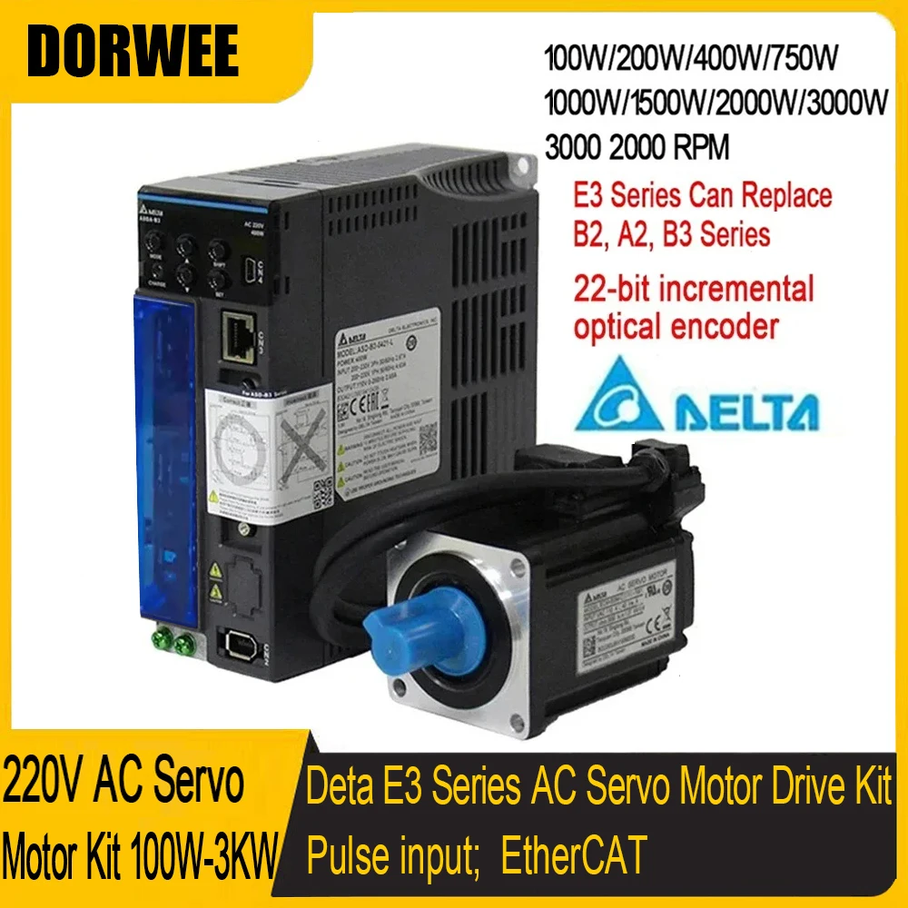 Delta E3 Series 220V AC Servo Motor Kit 400W 750W 1KW 40 60 80 130 180mm Flange 22bit Replace B2 B3 A2 Pulse Input EtherCAT