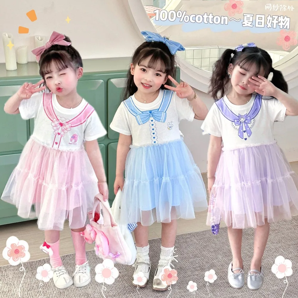 

Kawaii Anime Sanrio Kuromi Cinnamoroll My Melody Cartoon Children's Dress Cotton T-shirt Cute Jk Mesh Princess Dress Girls Gift