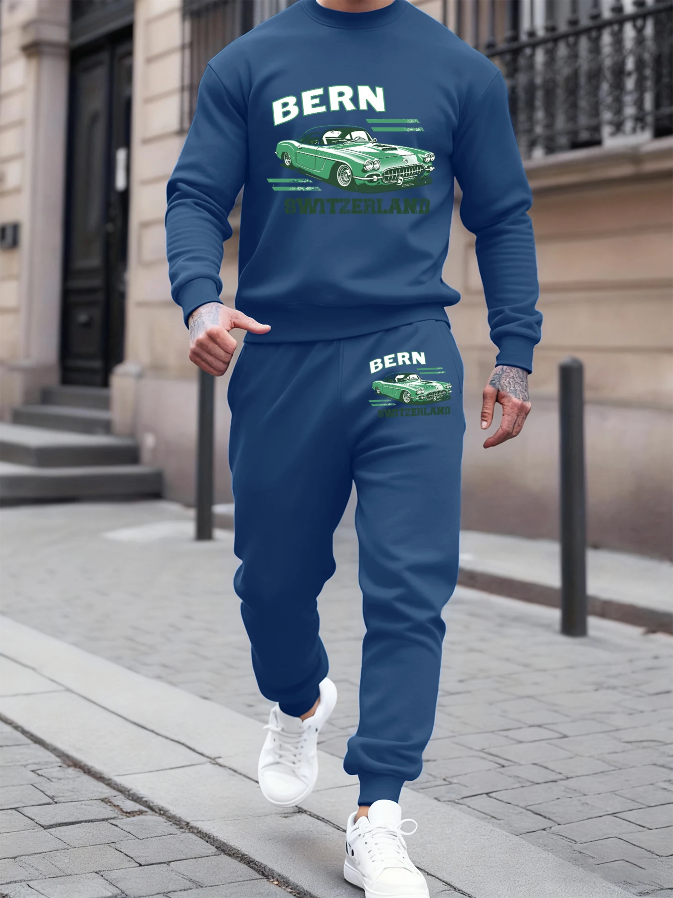 

Bern Switzerland Retro Sports Car Pattern Men Sweatshirt Suit Casual Loose Pants O-Neck Soft Pullover Comfy Street Men'S Set