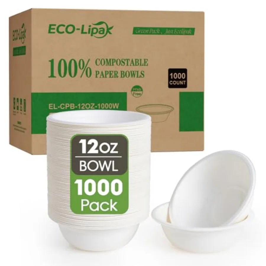 

Упаковка из 1000 штук: одноразовые бумажные миски объемом 12 унций, сверхпрочные, биоразлагаемые, компостируемые, из натурального жмыха сахарного тростника, подходят для