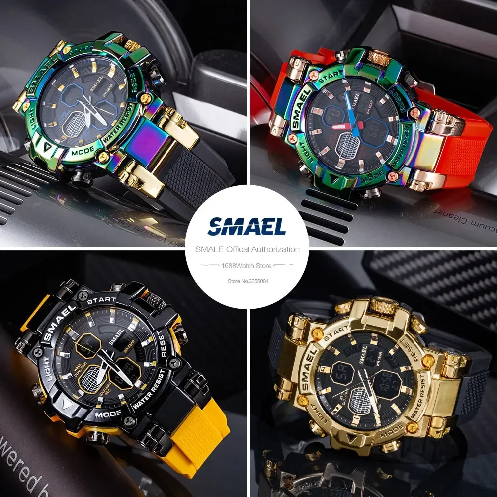 SMAEL, reloj deportivo militar colorido para hombre, fecha automática, doble horario, relojes con pantalla LED, reloj de pulsera de cuarzo resistente al agua de 5 barras, reloj 8027