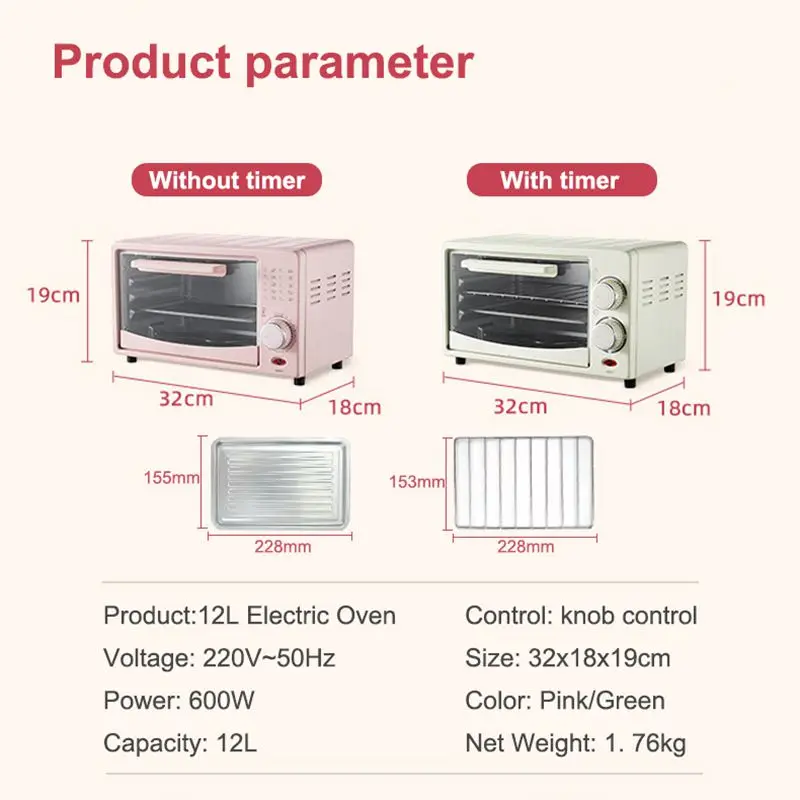 Mini Electric Oven 12L Capacity Household Multi-functional Backing Tool Double trays Temperature adjust With timer Knob control