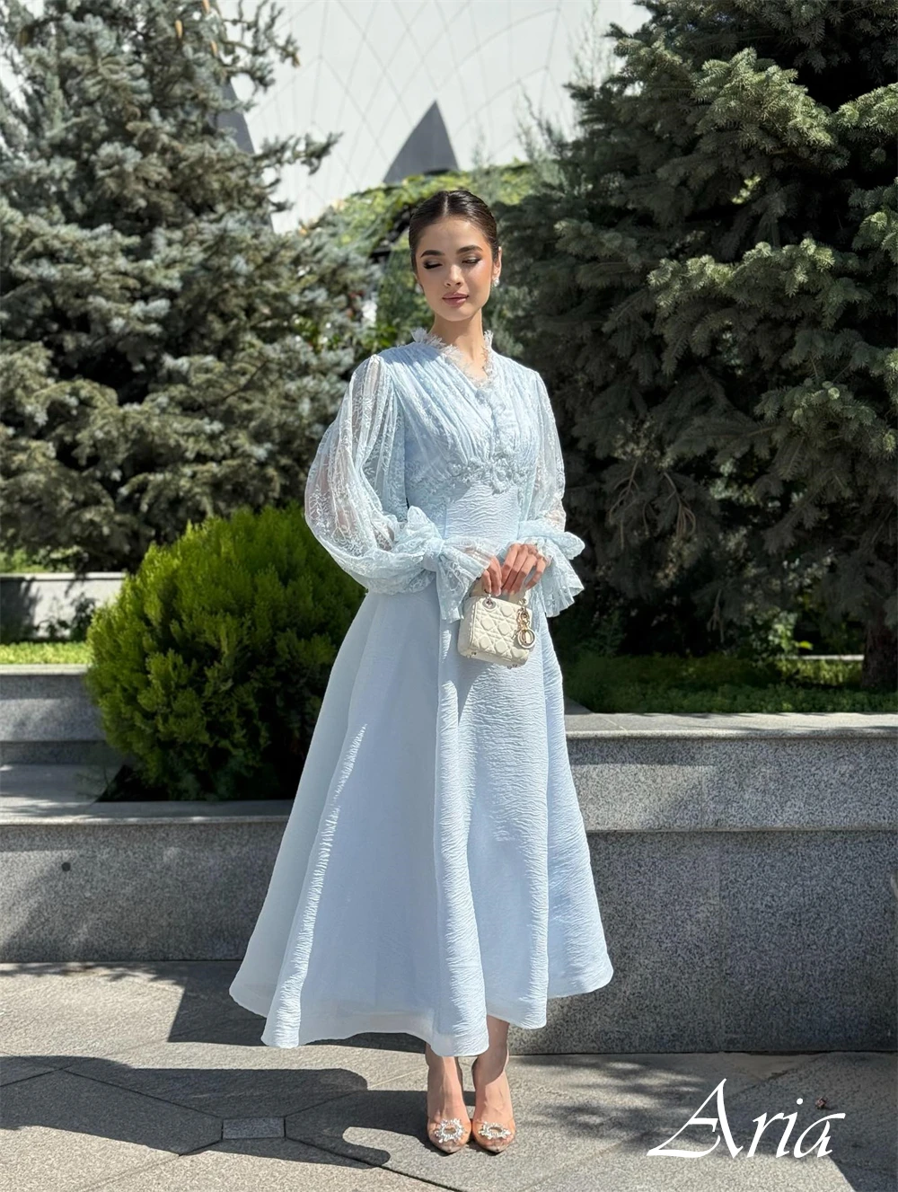 

Customized V-Neck Long Sleeves Formal Cocktail Dress A-Line Ankle Length Evening Dress Feathers Appliques Delicate Prom Dress