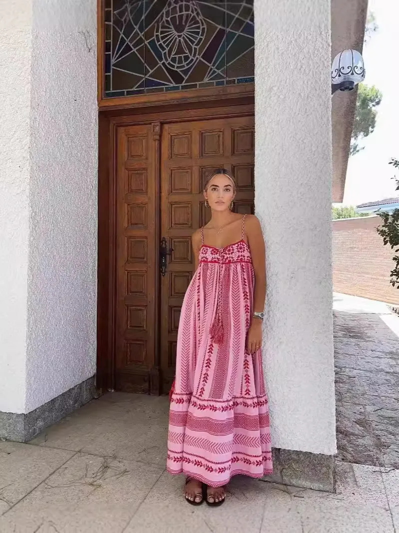 

Women Smocked Maxi Long Dress Cute Print Sleeveless Spaghetti Strap Boho Flowy Dress Summer Beach Vacation Dress