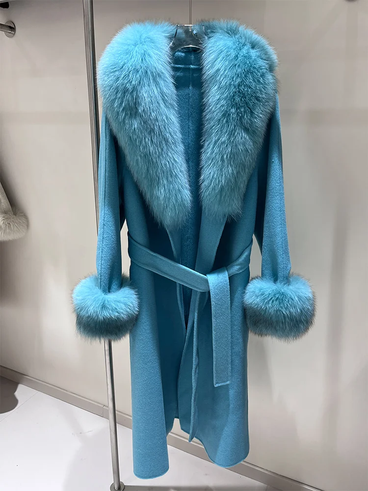 2025 Real Fur Coat Winter Jacket Women Natural Fox Fur Collar Cuffs Cashmere Wool Woolen Long Coat Ladies Outerwear Streetwear