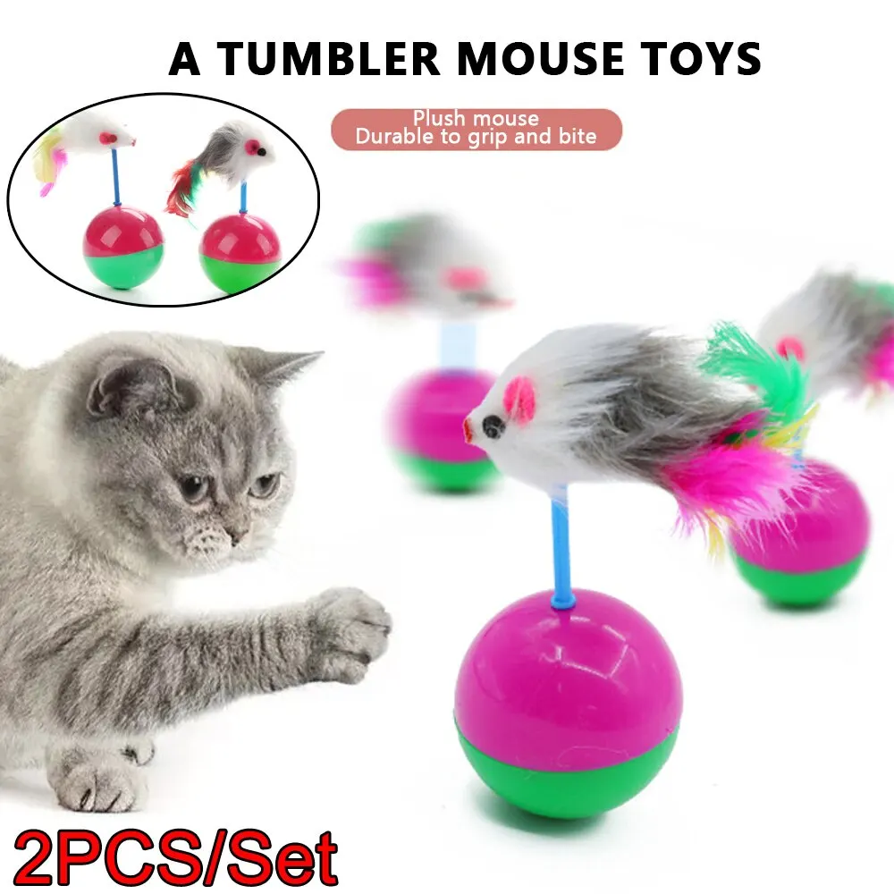 Pet Cat Toys Durable Colorful Feather Mimi Favorite Fur Mouse Tumbler Kitten Cat Toys Play Balls for Catch Cats Supplies 2PCS