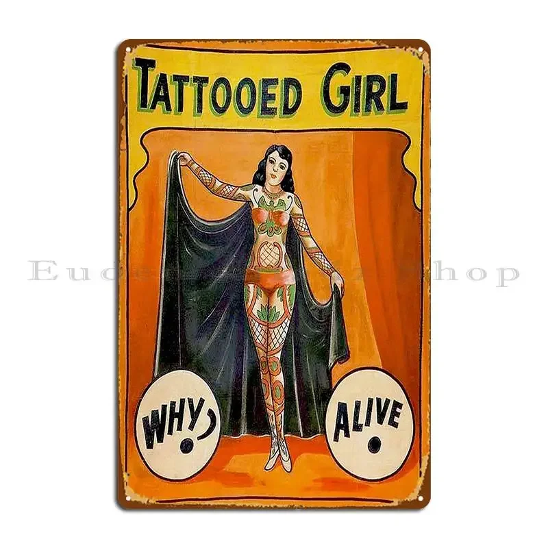 Póster de placa de Metal con estampado publicitario de presentación lateral de circo Vintage de chica tatuada, decoración de garaje, cartel de estaño personalizado