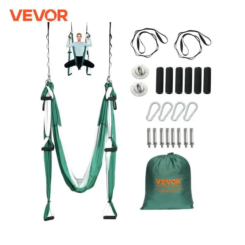 VEVOR Aerial Yoga Swing Set Yoga Hammock Hanging Swing Aerial Sling Inversion Fly Kit Trapeze Inversion Equipment Green/White