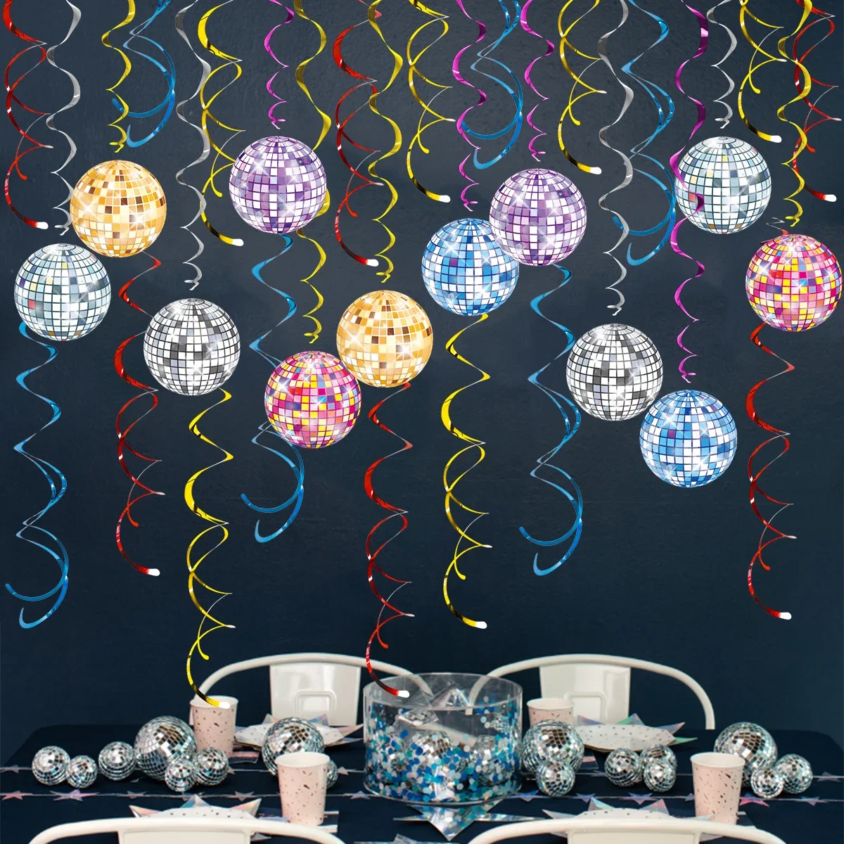 30Pcs/Pack 70s Disco Ball Spiral Banner Swirl Hanging Garland for Music Disco Theme Birthday Wedding Party Props Decoration