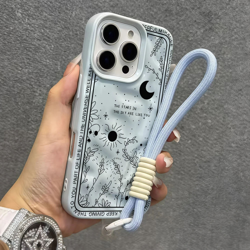 Retro-Muster Mond-Stern Falten-Silikon-Handyhülle für iPhone 17 15 13 11 12 14 16 17 Pro Max 14 15 Plus Air mit Lanyard-Abdeckung – Detail 5