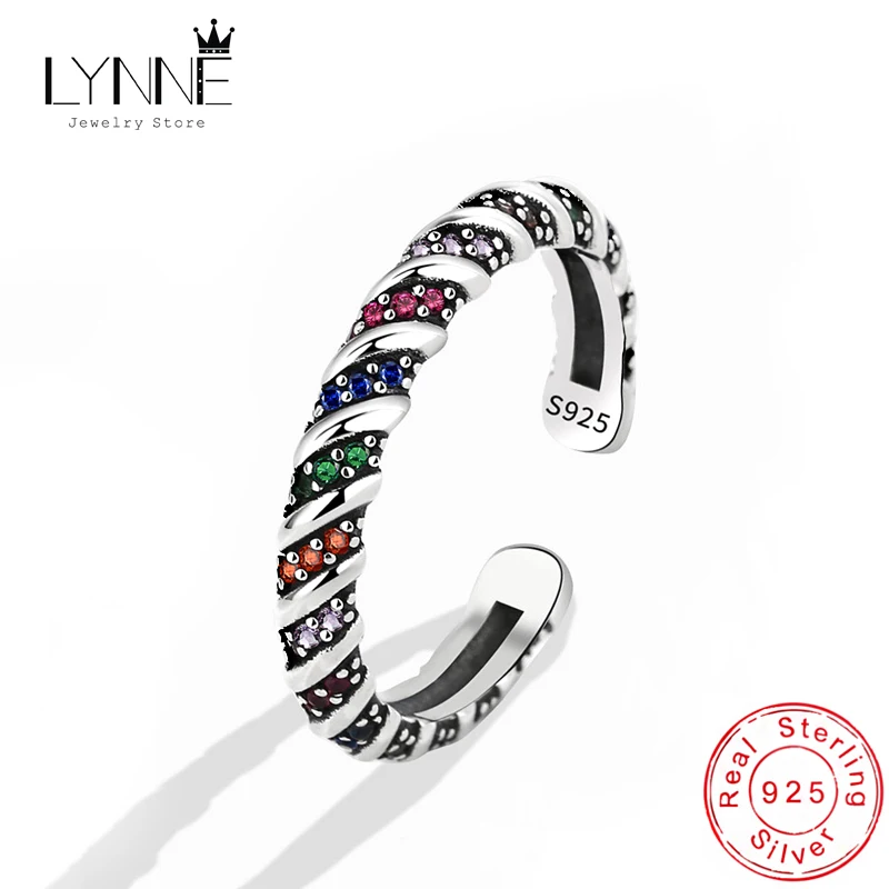 New 925 Sterling Silver Retro Stripe Round Colorful Rhinestone Open Rings Fashion Women Jewelry Unisexual Adjustable Finger Ring