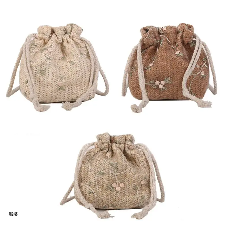 D0UD Summer Shoulder Bag Handbag Drawstring Lace Straw Bucket Bag for Dog Walking