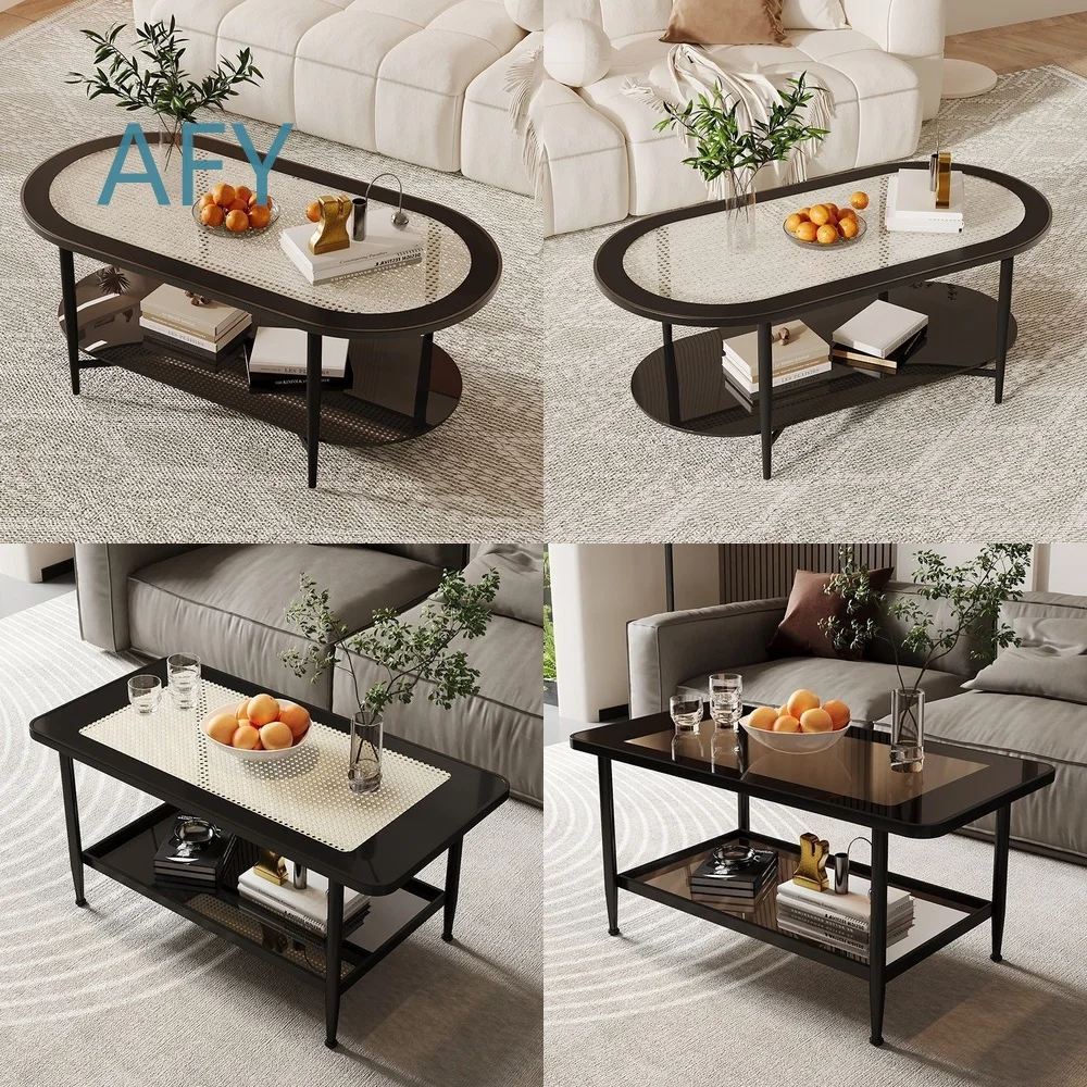 Oval Double-Layer Coffee Table for Small Apartment Living Room Home Decor Tempered Glass Top Retro Cream Style Modern