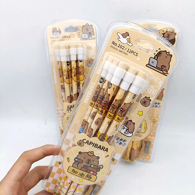 

12pcs Cute Cartoon Capybara HB Pencils Stationery Set With Pencil Sharpener School Students Stationery Gift