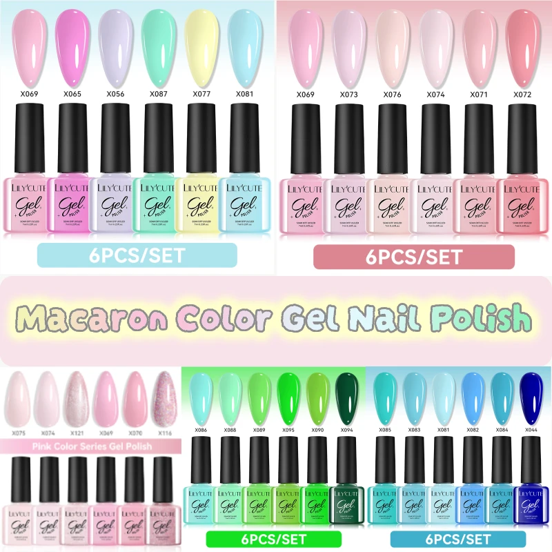 LILYCUTE 6PCS Macaron Color Gel Nail Polish Spring Pink Yellow Green Semi Permanent Soak Off UV Gel Hot Manicure Nail Supply