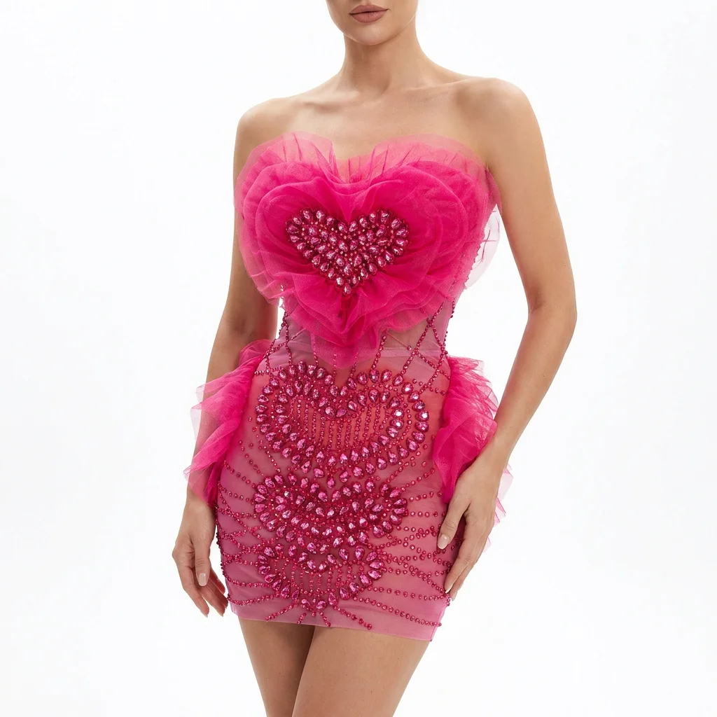

Pink Heart Rhinestone Mini Dress Drag Queen Stage Wear Singer Dancer Performance Costume Sexy Sheer Mesh Bodycon Birthday Outfit