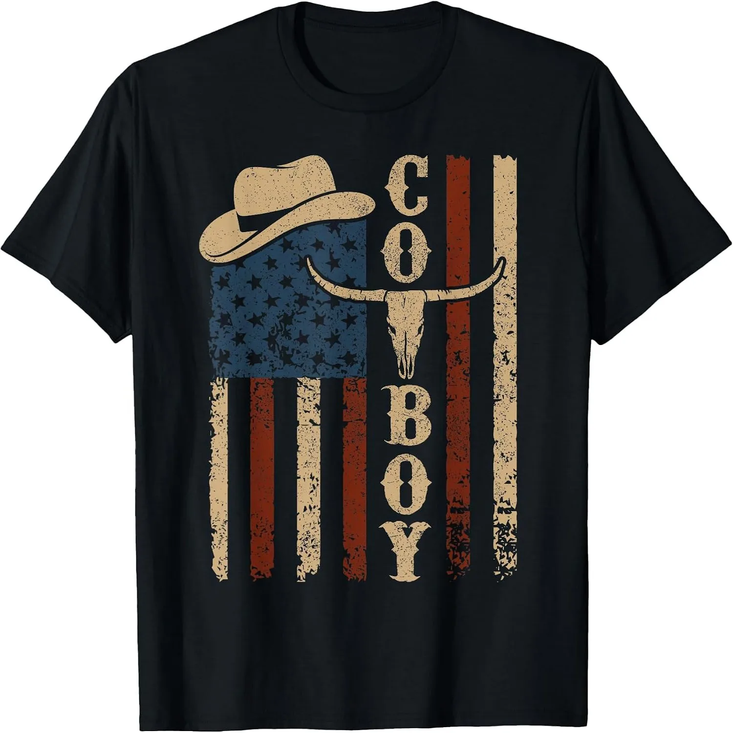 Vintage American Flag Cowboy Longhorn Skull Western Cowboy T-Shirt