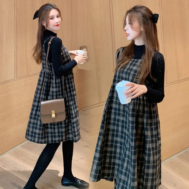 6613# Autumn Korean Fashion Maternity Dress Suits Elegant Hot Clothes for Pregnant Women Winter Pregnancy Plaid Vest Dress Shirt