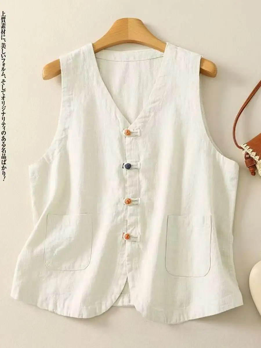 Retro Chinese Style Thin Cotton Linen Sleeveless Top Buttoned Loose Women's Vest Spring Cardigan Open Front No Sleeve Maomao