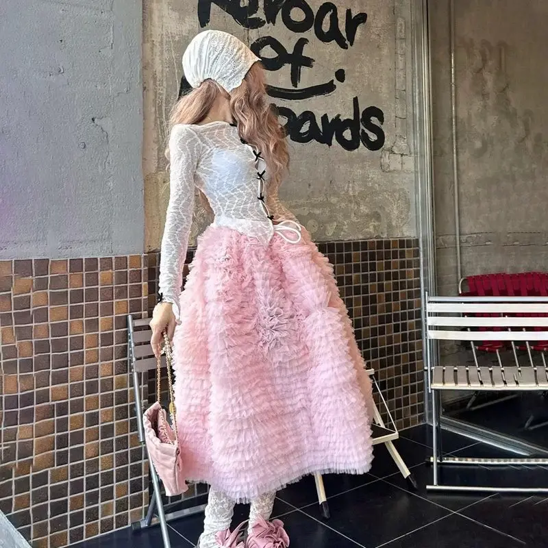 Pink Cake Skirt Heavy Embellishment Mesh Loose Puffy Half-length Women's Spring Fashion High Waist Gyrating Fabric Skirts