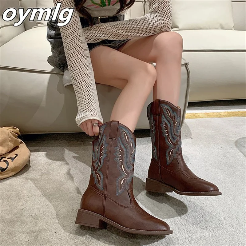 2024 New Coarse Heel Western Cowboy Boots V-neck Embroidered Sleeve Knight Boots Retro Mid Cap Square Head women boots