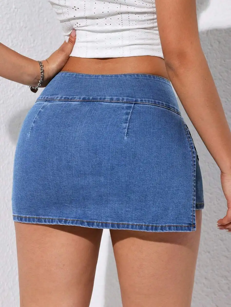 Women's Washed Denim Wrap Skirt Shorts with Side Slit