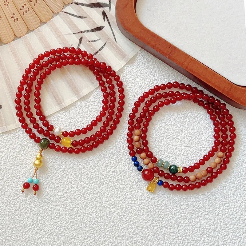 

Simple 4Mm Three-Circle Natural Red Agate For Women New Chinese Style Multi-Circle Gourd Fortune Pendant Bracelet HandString