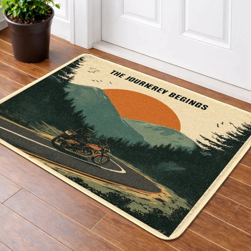 VIKAMA The Journey Begins Doormat Vintage Mountain Road Motorcycle Sunset Print Non Slip Absorbent Floor Mat Adventure Biker Rug