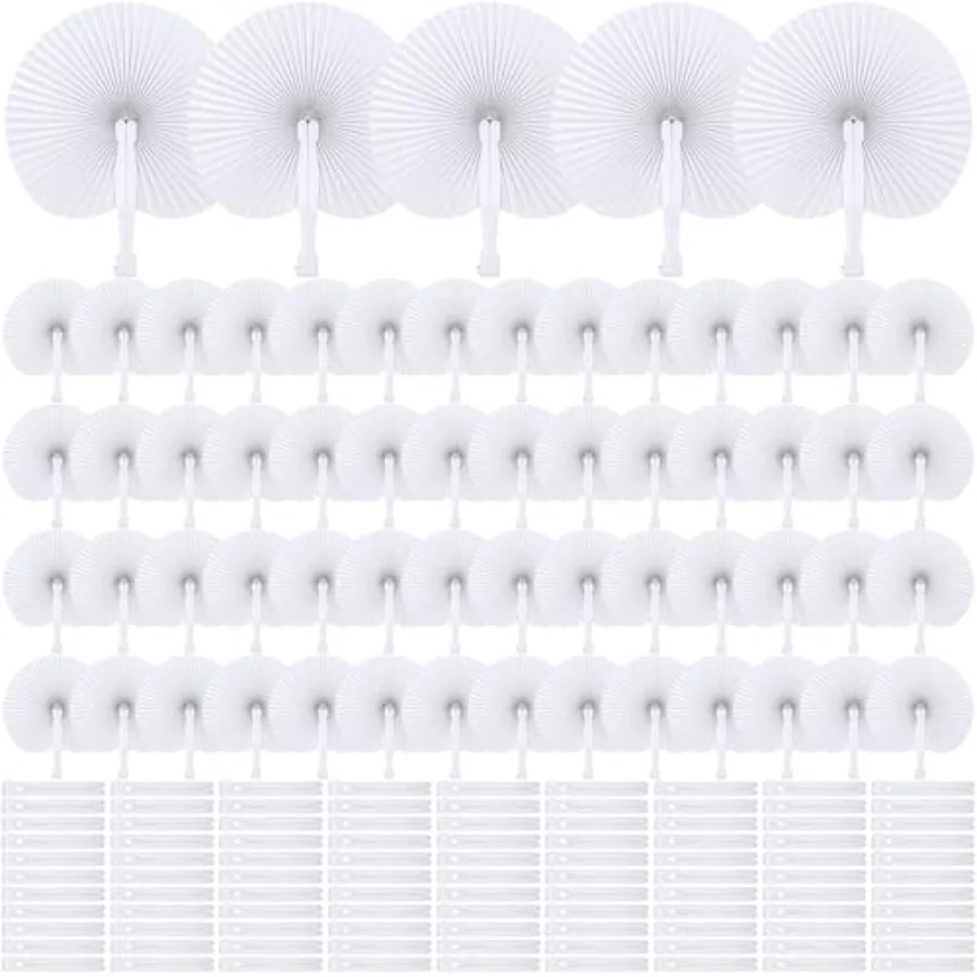 

160 Pack Folding Wedding Paper Fans White Handheld Folding Fan Round Shaped Wedding Fans with Plastic Handle for Wedding Birthd