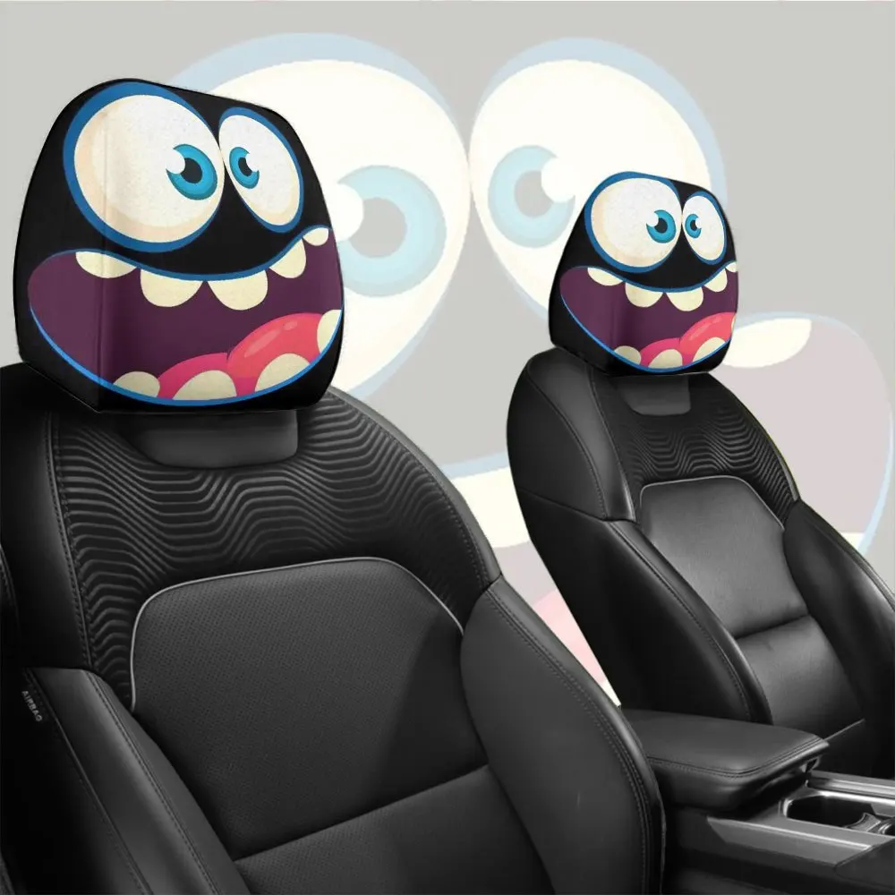 Two-piece set of cute cartoon big-eyed monster car headrest covers, washable and stretchable, suitable for long-distance travel