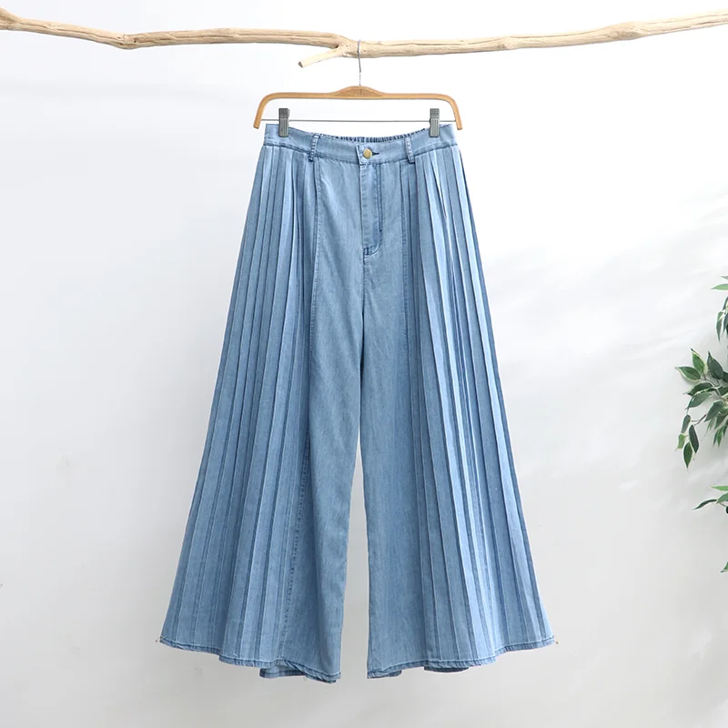 

TIYIHAILEY Free Shipping Wide Leg Long Pants Women Trousers Denim Jeans Elastic Waist Stripe Casual Pleated Pants With Pockets