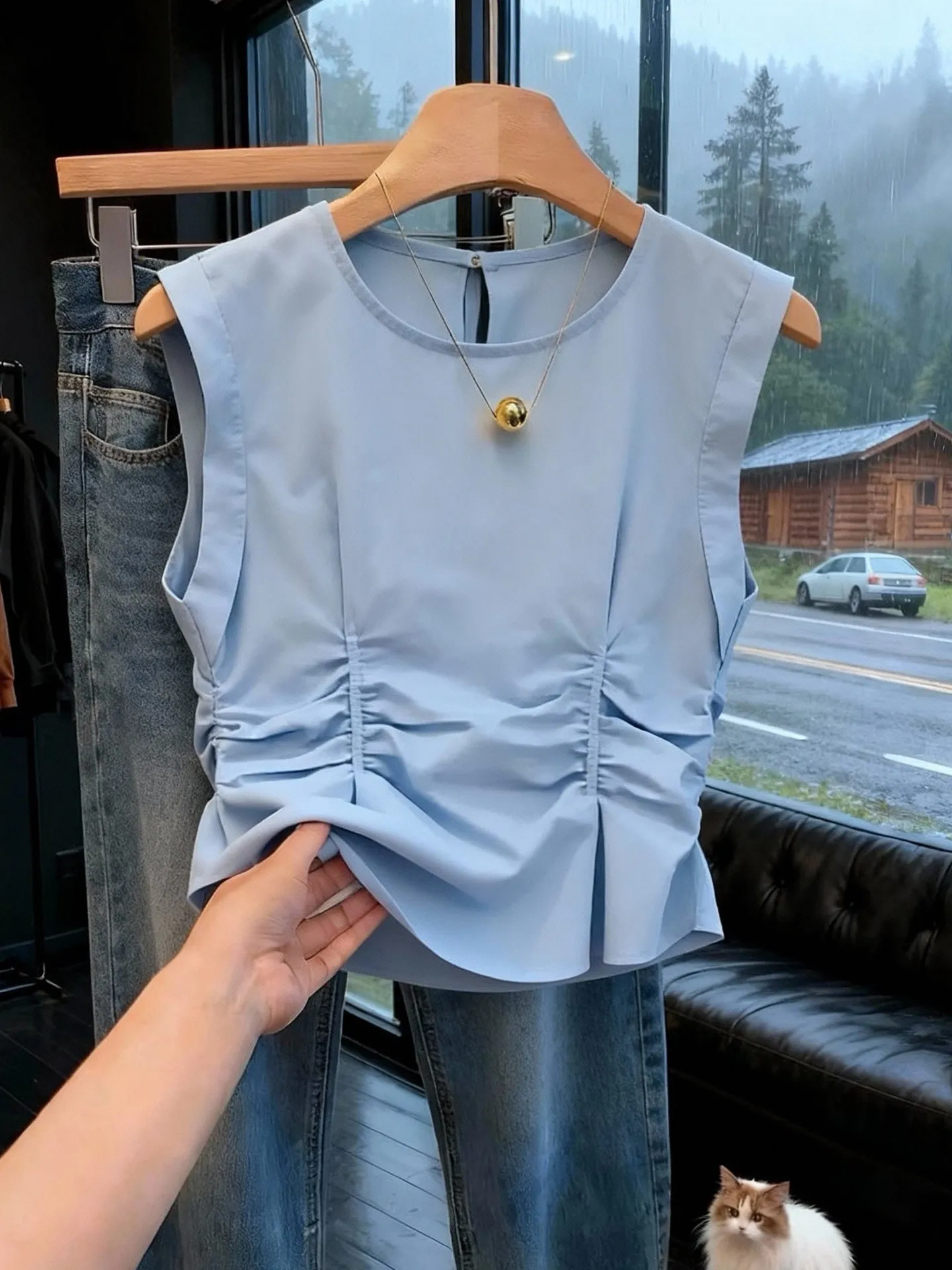 

Ele Folded Ne Svel Vest Women's Summer New Blue Slimming Top Faionable Light Maturi round Ne Cotton Linen B...