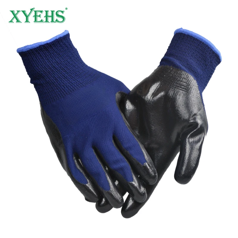 XYEHS 10 Pairs High Abrasion Resistant General Work Gloves Nitrile Palm Coating 13 Gauge Polyester Lining Anti-Slip Waterproof