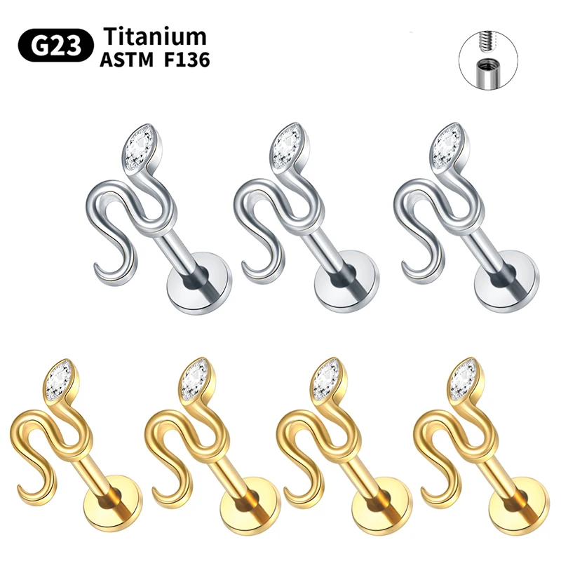 

1PC Titanium Gold Plated Snake Stud Helix Earrings Tragus Piercing Flat Back Earring Snake Cartilage Earring Labret Body Jewelry