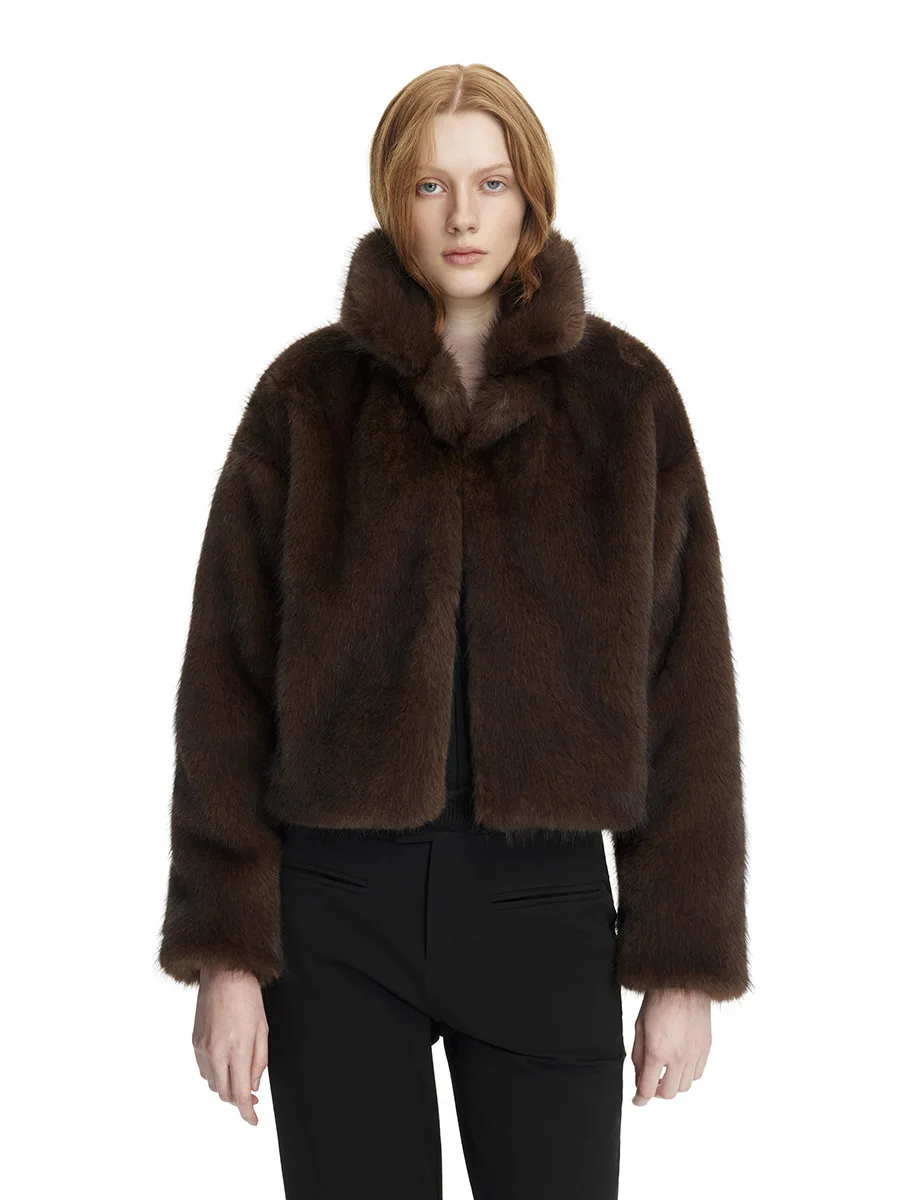 2026 Autumn Winter Women Faux Mink Fur Jacket Shawl Collar Open Front Cropped Fluffy Coat Brown