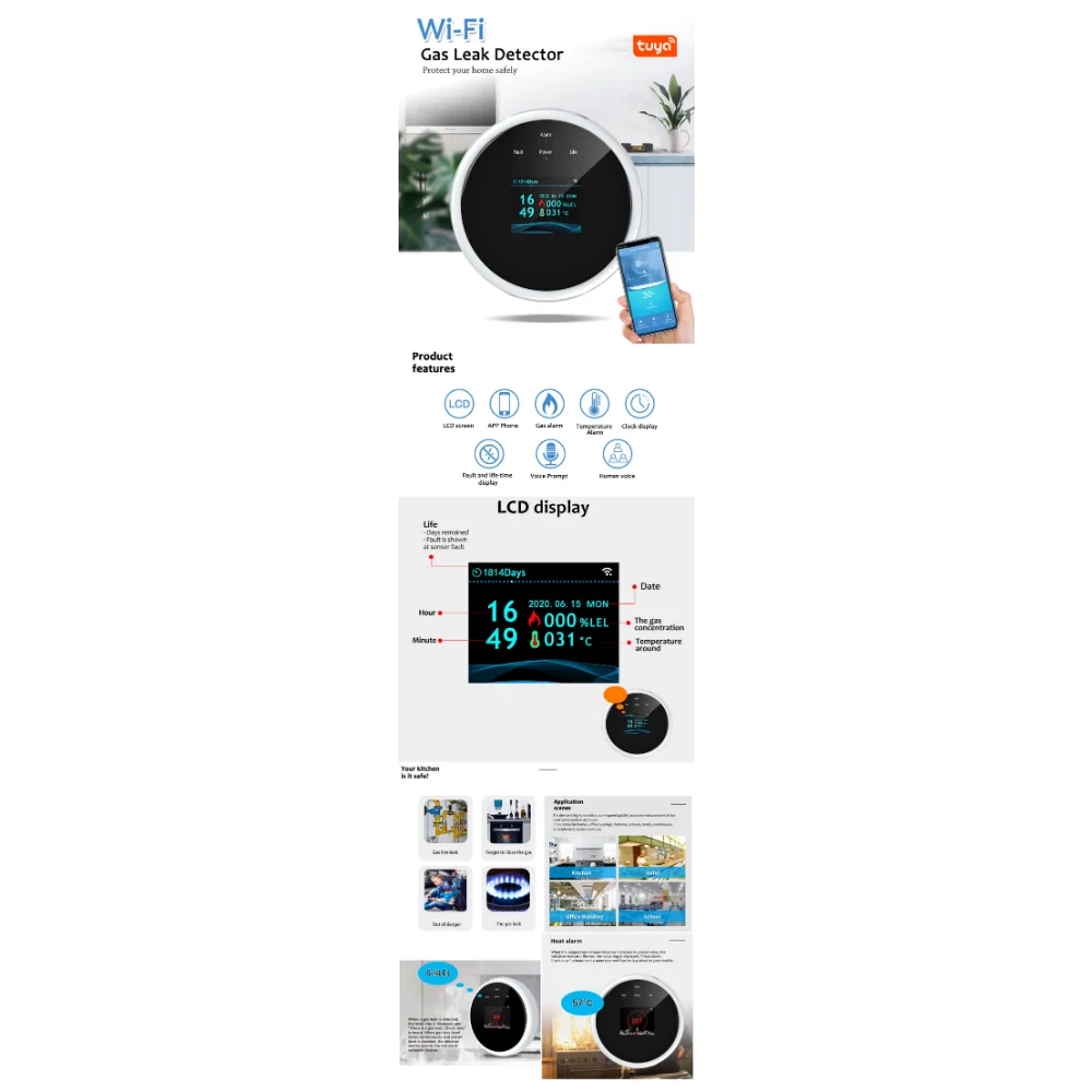 Tuya Intelligence Wireless LCD Display Time Level Display Led Natural Gas Sensors Combustible Wifi Gas Detector for Kitchen Safe