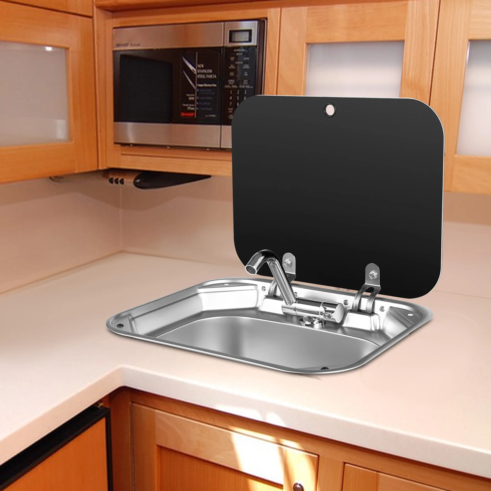 Modern 304 Stainless Steel Rectangular RV Sink 41.5x37x16cm Tempered Glass Cover with Faucet Sewer Pipe