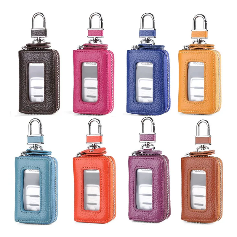 

Leather Car Key Case Transparent Window Soft Cowhide Car Key Case Korean Style Zipper Multi-color Car Key Case