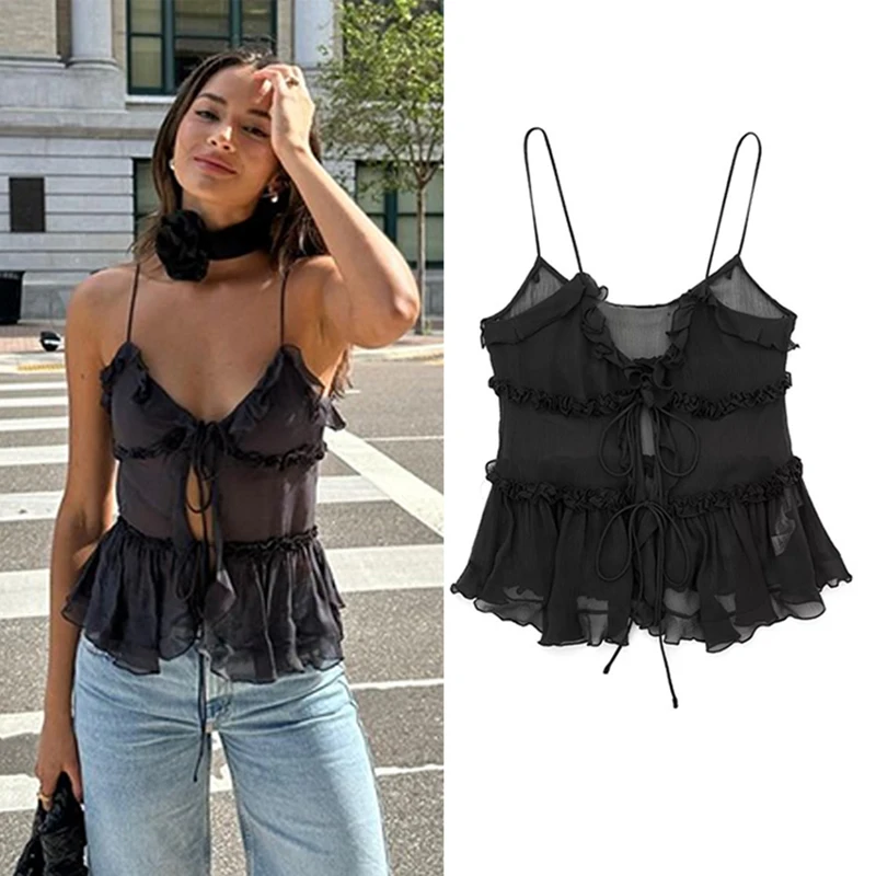 greatguy Fashion Ruffle Pink Cropped Tops Women Y2K Sexy Sleeveless See Through Tops Summer Translucent Backless Layered Suspend