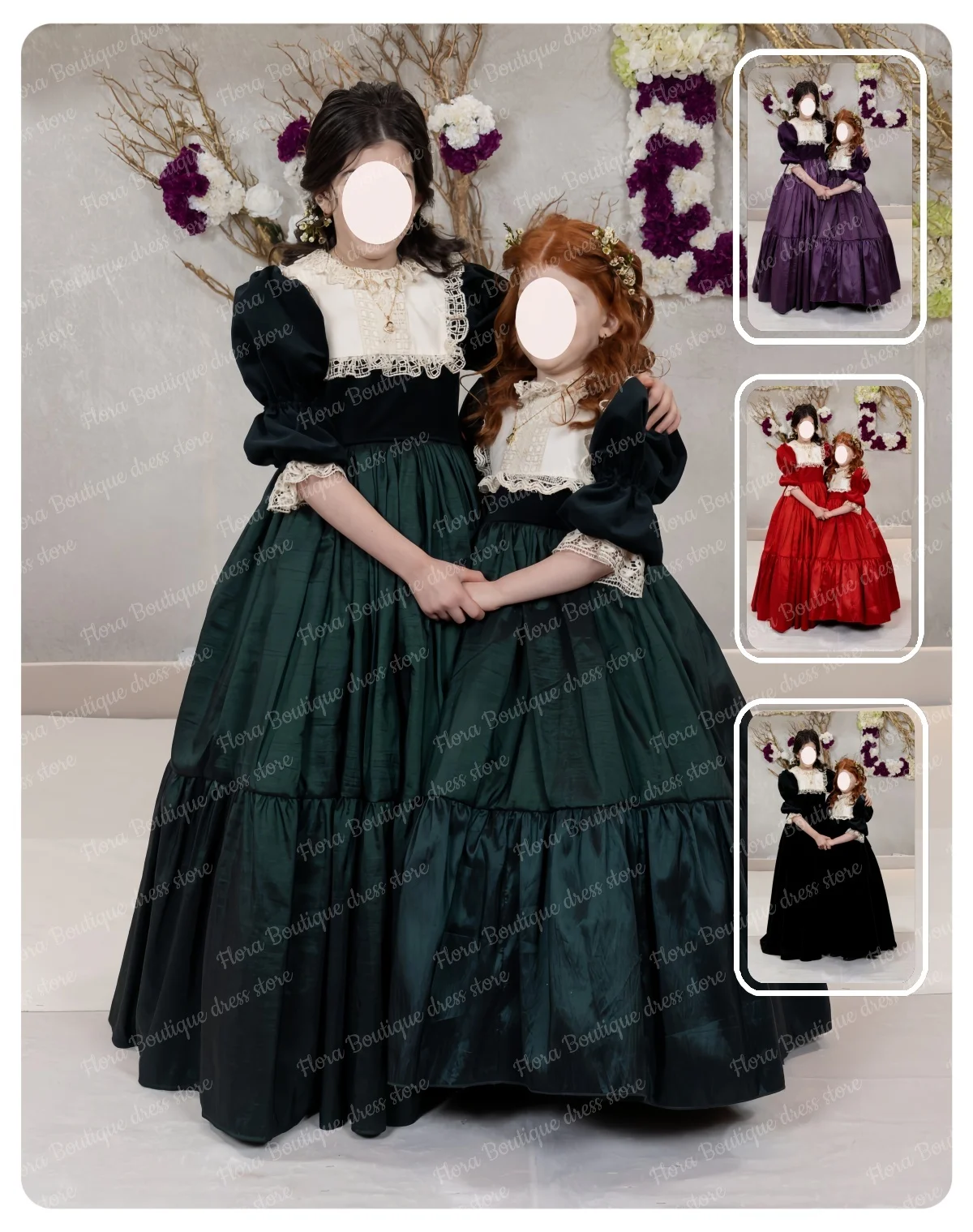 

Customized Green First Communion Dress Velvet 3/4 Sleeve Tiered Taffeta Flower Girl Dress Customized Teens Maid Frock Ball Gown