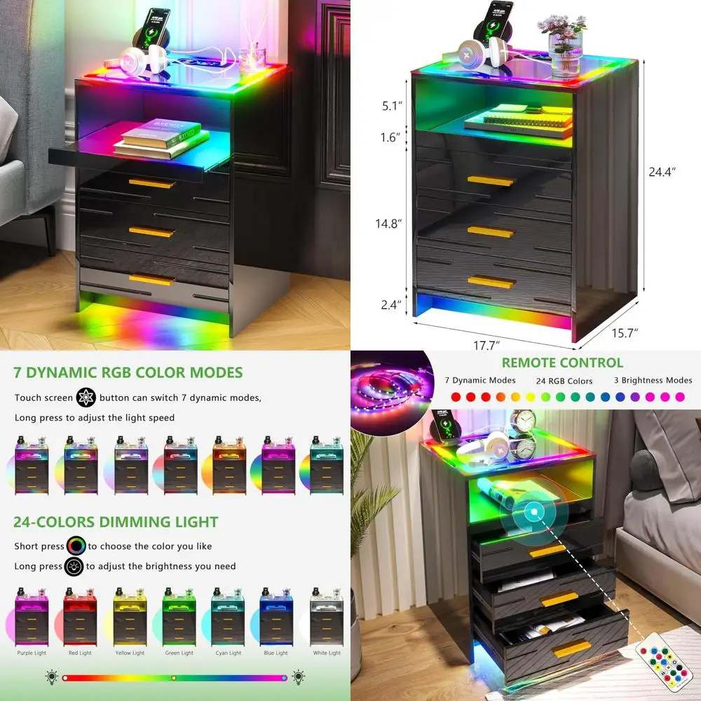 Mesita de noche moderna con carga inalámbrica y iluminación dinámica RGB, elegante mesita de noche de alto brillo