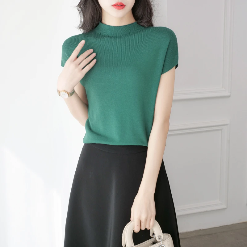 

Модные женские блузки, летние топы с коротким рукавом, трикотажная Женская водолазка, вязаная блузка, тонкая рубашка, женские топы, пуловер Q920