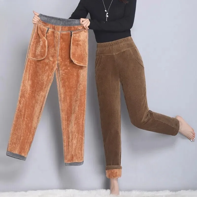 

Winter Thicken Velvet Pantalones High Waist Fleece Lined Mom Straight Trousers Super Warm Lamb Fluff Pants Women's Streetwear