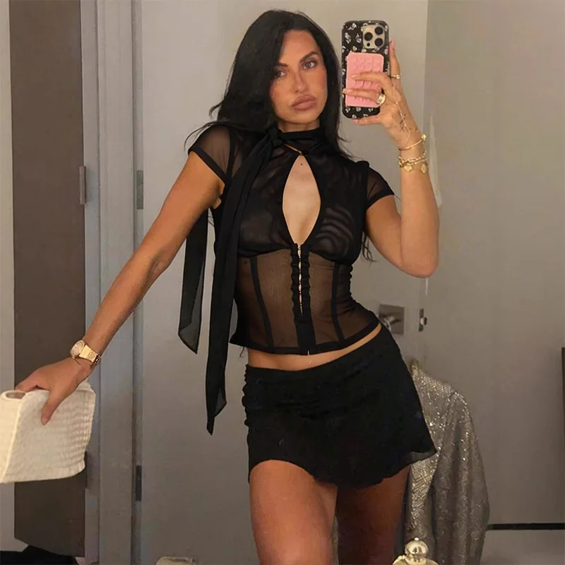 2026 Summer Women Y2K Sexy Nightclub Sheer Mesh Solid Corset Cropped Hook Eye Cutout High Neck Tie Short Sleeve T-shirt Top