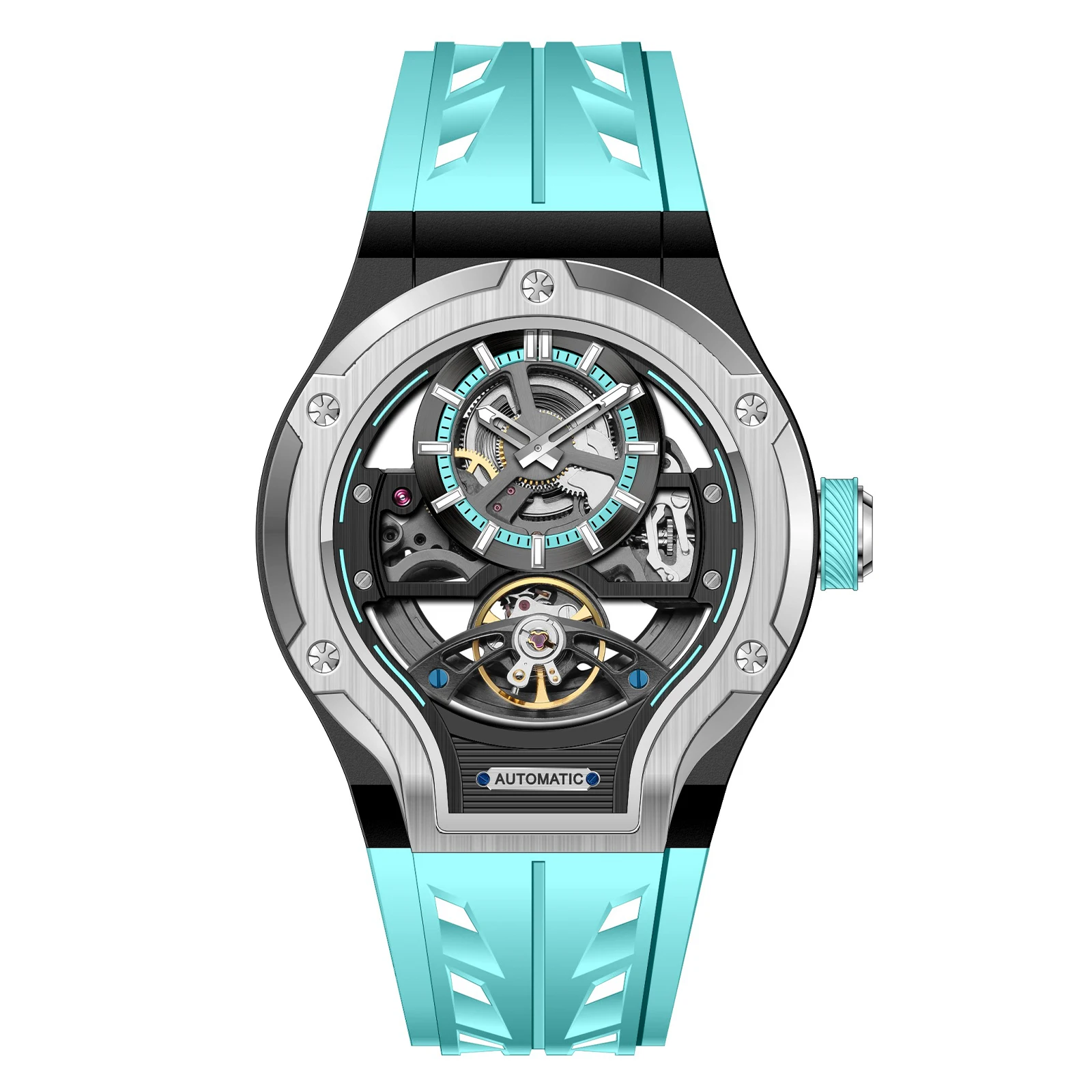 Automatic Self-winding Stainless Steel Case Silicone Outdoor Wear Wristwatch Large Dial Skeleton Mechanical Watches for Men