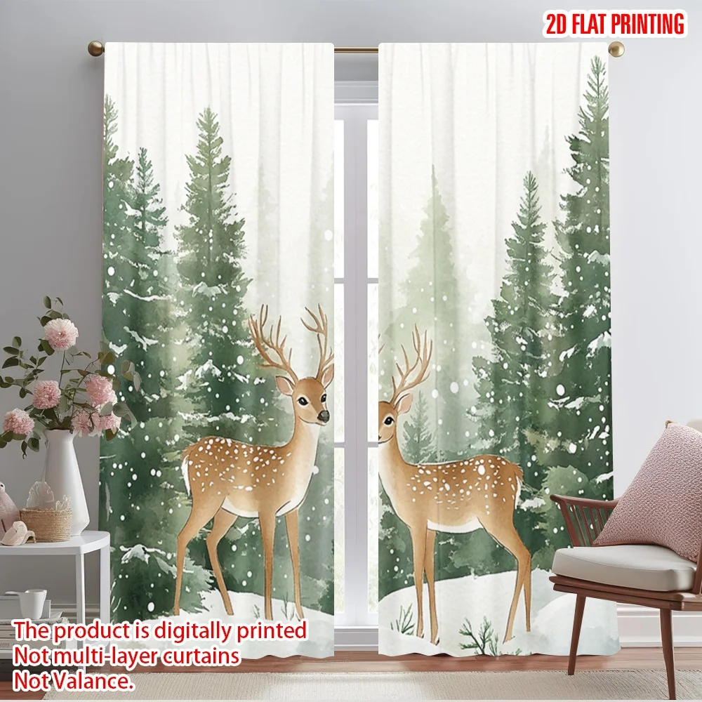 2pcs,2D plane printing Curtains&Window Treatment Deer Snow Pine Forest (2) Versatile Polyester (without rod) Home Decor for
